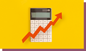 Calculator, graphs, arrow on yellow background. Financial development, Banking Account, Statistics