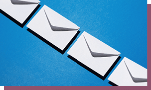 Envelopes pattern over blue background, above view with negative space