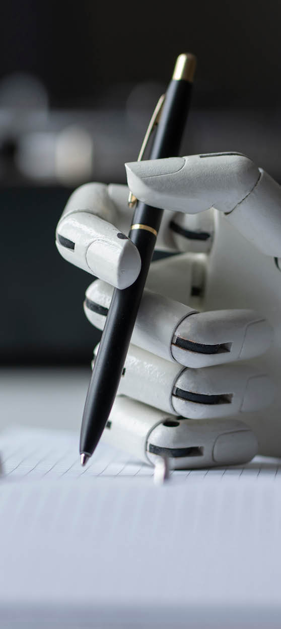 artificial robotic arm write down some notes with pen