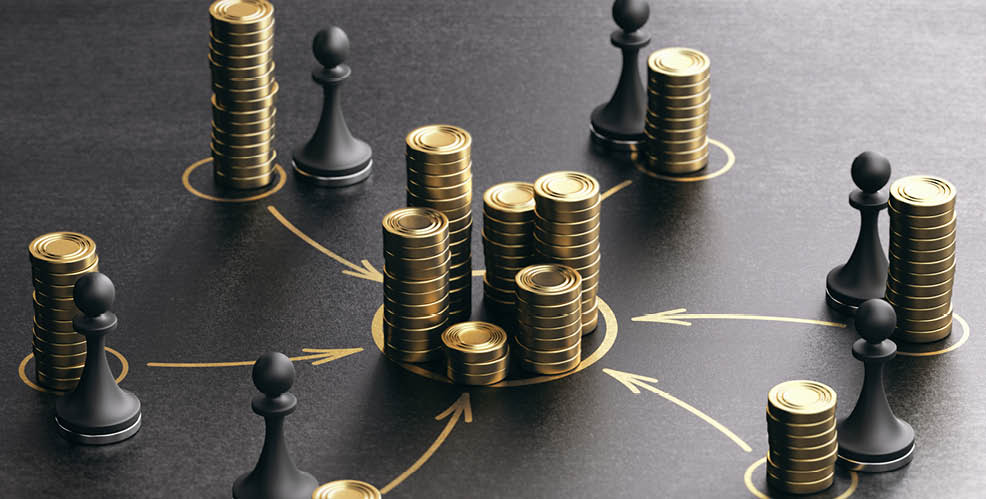 Concept of Funding, Financing Business Project. 3D illustration of generic golden coins and pawns over black background.