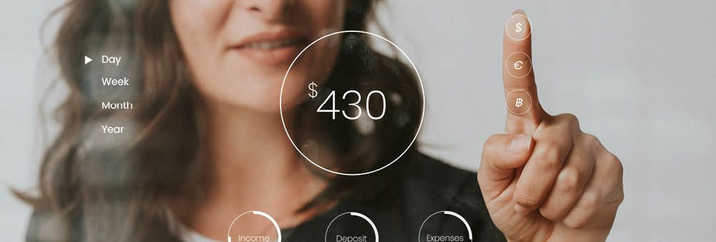 Woman pressing her finger to a screen mockup