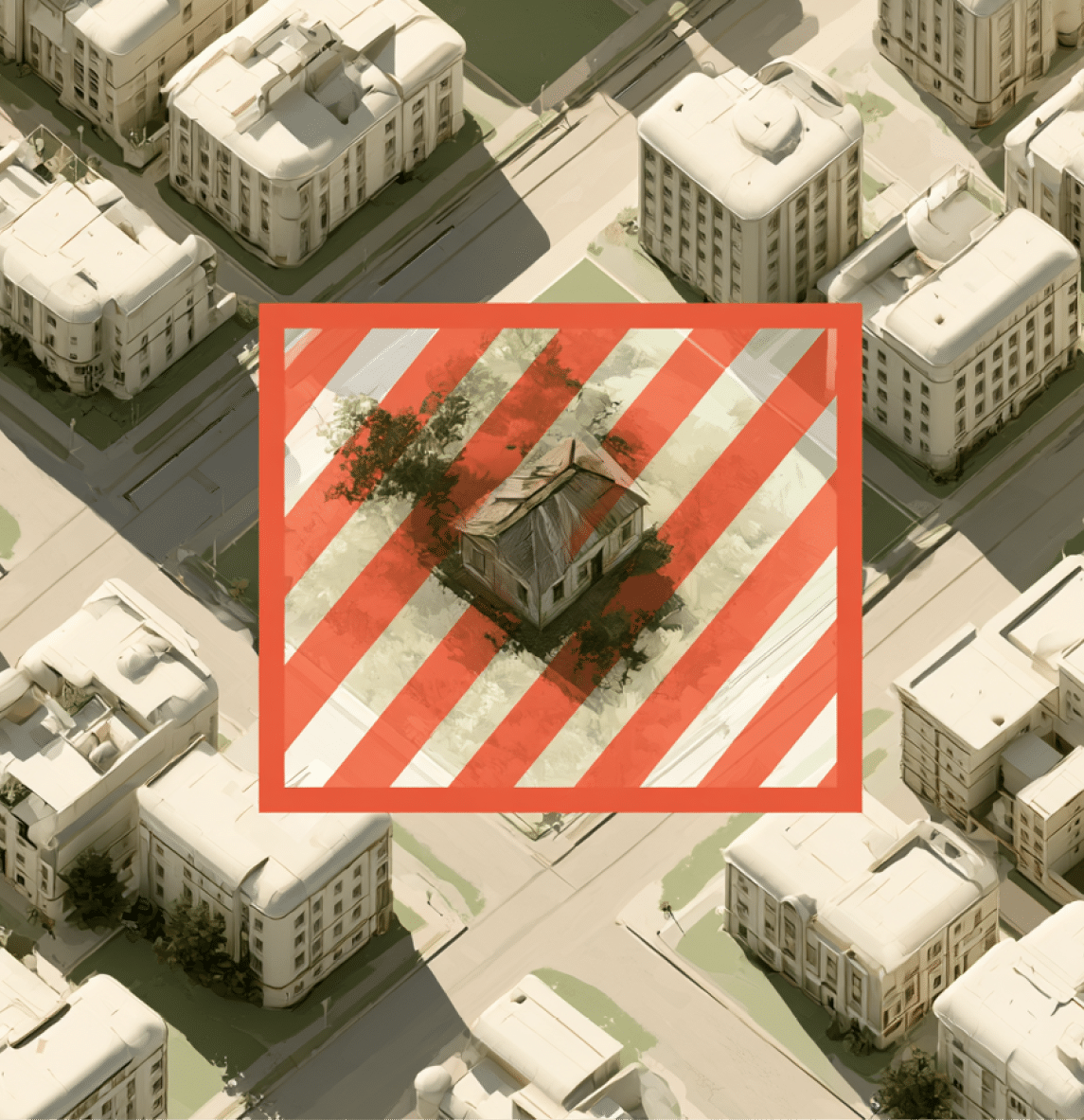 Casa antiga com telhado danificado cercada por vegeta o vista de cima com faixas diagonais vermelhas sobre a imagem.  Yapay zeka taraf ndan olu turulan a  klama