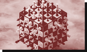 Um cubo tridimensional formado por tabuleiros de xadrez com pe as brancas e pretas posicionadas em cada face contra um fundo nebuloso. Yapay zeka taraf ndan olu turulan a  klama