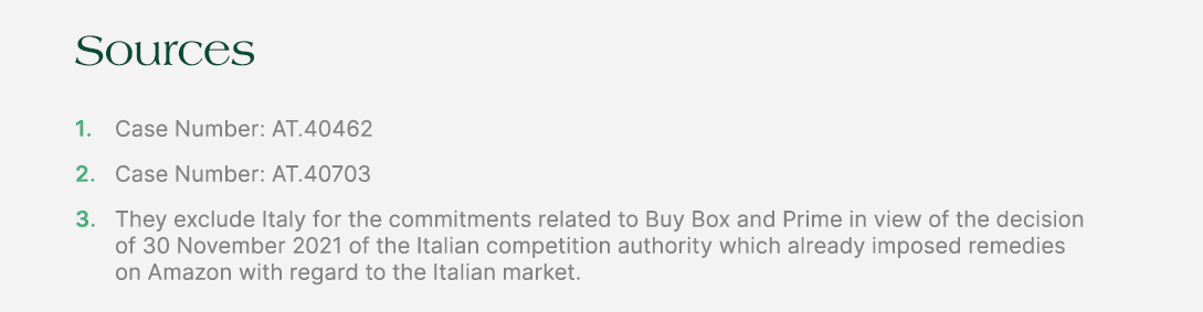 Sources 1. Case Number: AT.40462 2. Case Number: AT.40703 3. They exclude Italy for the commitments related to Buy Bo...