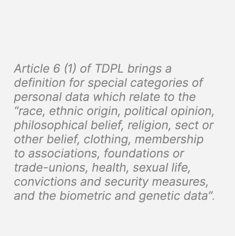 Article 6 (1) of TDPL brings a definition for special categories of personal data which relate to the “race, ethnic o...