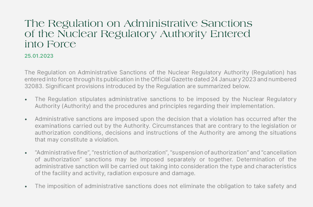 The Regulation on Administrative Sanctions of the Nuclear Regulatory Authority Entered into Force 25.01.2023 The Regu...