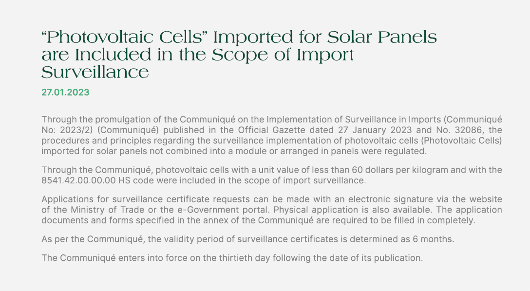“Photovoltaic Cells” Imported for Solar Panels are Included in the Scope of Import Surveillance 27.01.2023 Through th...