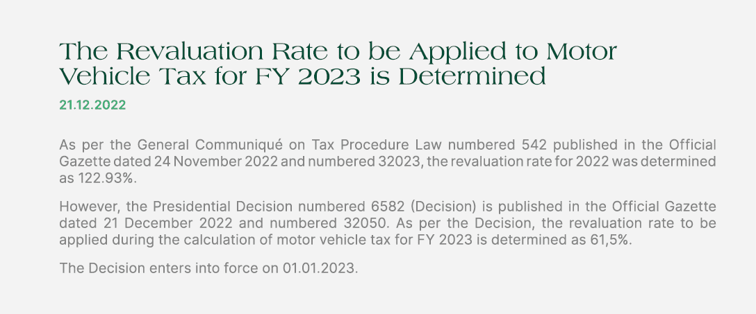 The Revaluation Rate to be Applied to Motor Vehicle Tax for FY 2023 is Determined 21.12.2022 As per the General Commu...