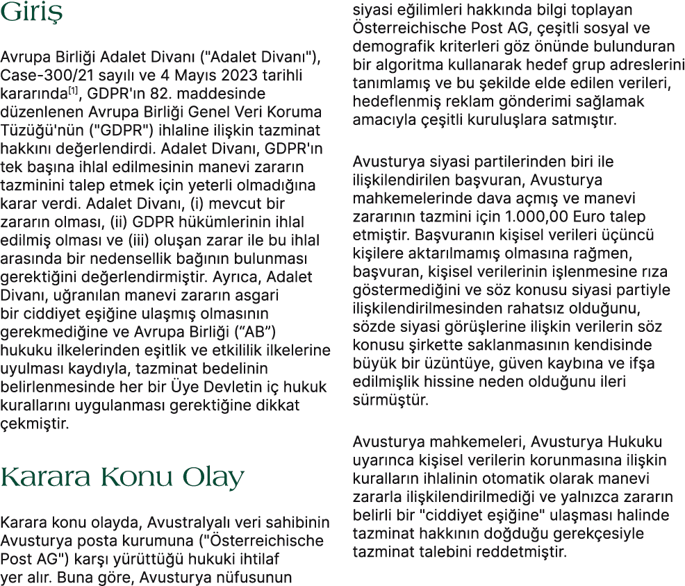 Giri Avrupa Birli i Adalet Divan  (\“Adalet Divan \"), Case 300/21 say l  ve 4 May s 2023 tarihli karar nda[1], GDPR...