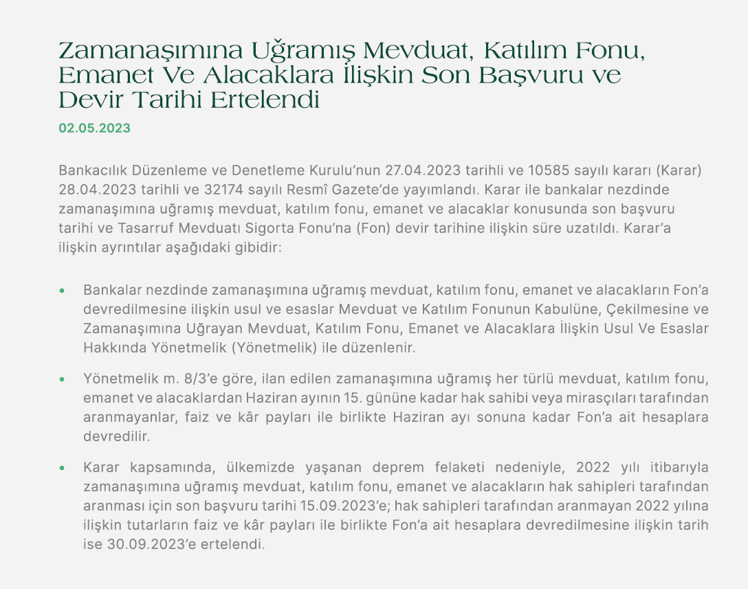 Zamana m na U ram   Mevduat, Kat l m Fonu, Emanet Ve Alacaklara  li kin Son Ba vuru ve Devir Tarihi Ertelendi 02.05....