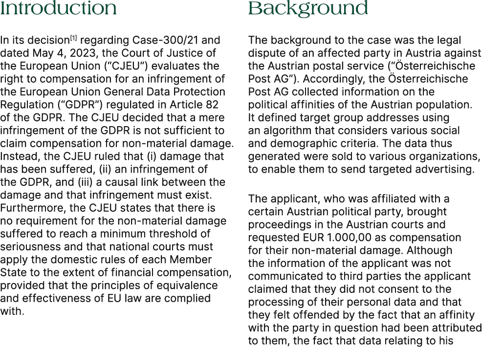 Introduction In its decision[1] regarding Case 300/21 and dated May 4, 2023, the Court of Justice of the European Uni...