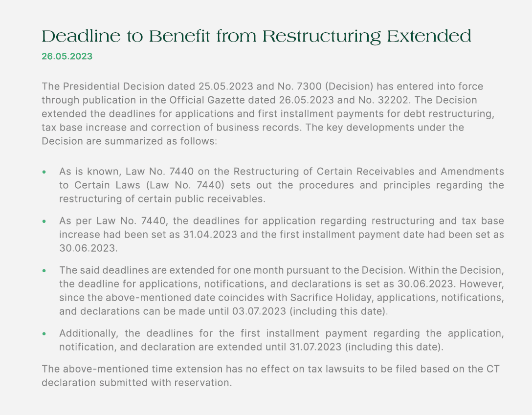 Deadline to Benefit from Restructuring Extended 26.05.2023 The Presidential Decision dated 25.05.2023 and No. 7300 (D...